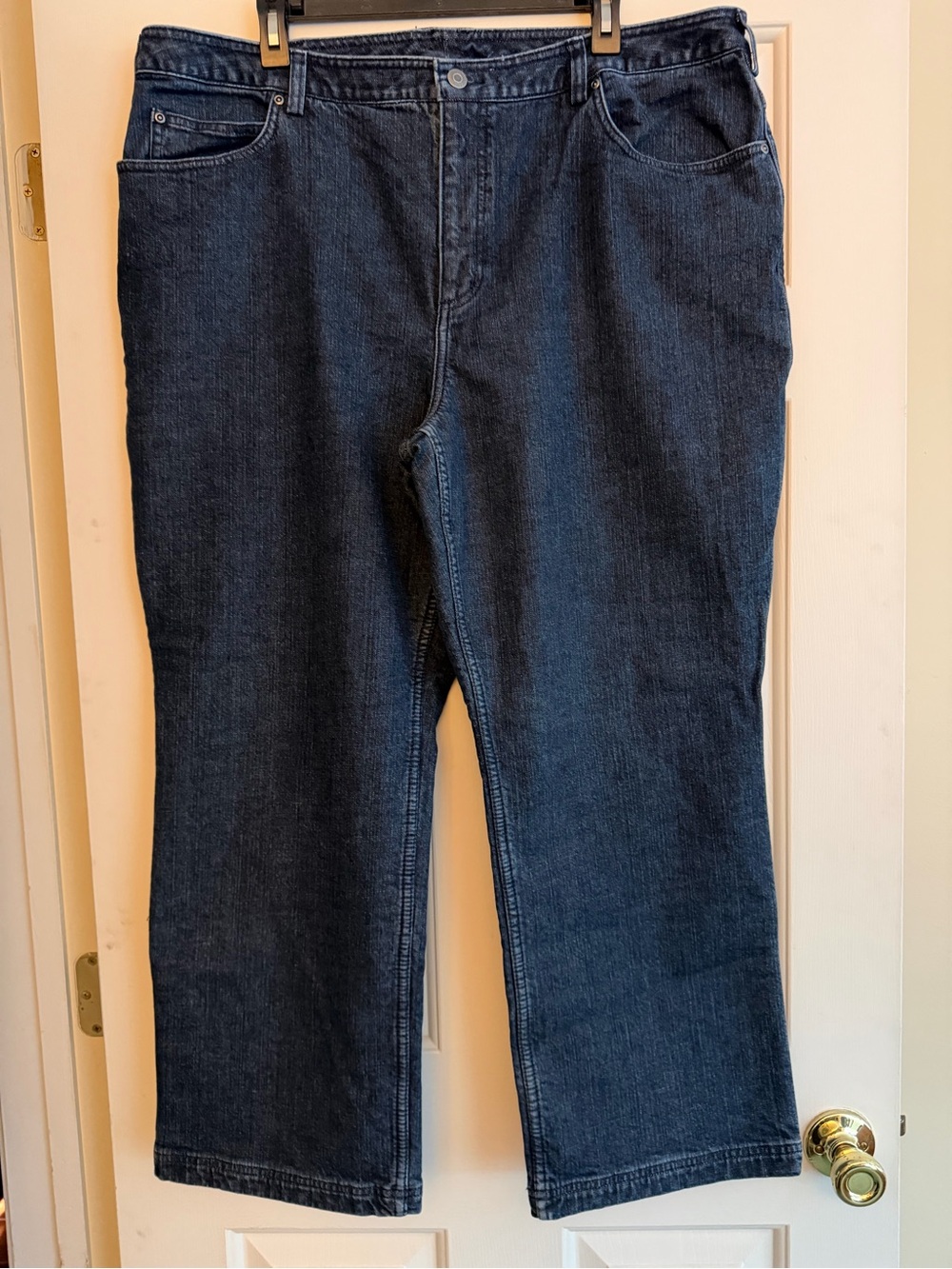 Duluth Trading Co Dark Blue Denim Boyfriend Jeans with Red Plaid Lining
